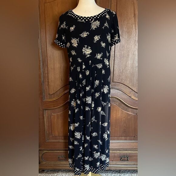 Vintage Dress Black & White Floral Mixed Print Midi Dress Plus Size 16 - Picture 3 of 11